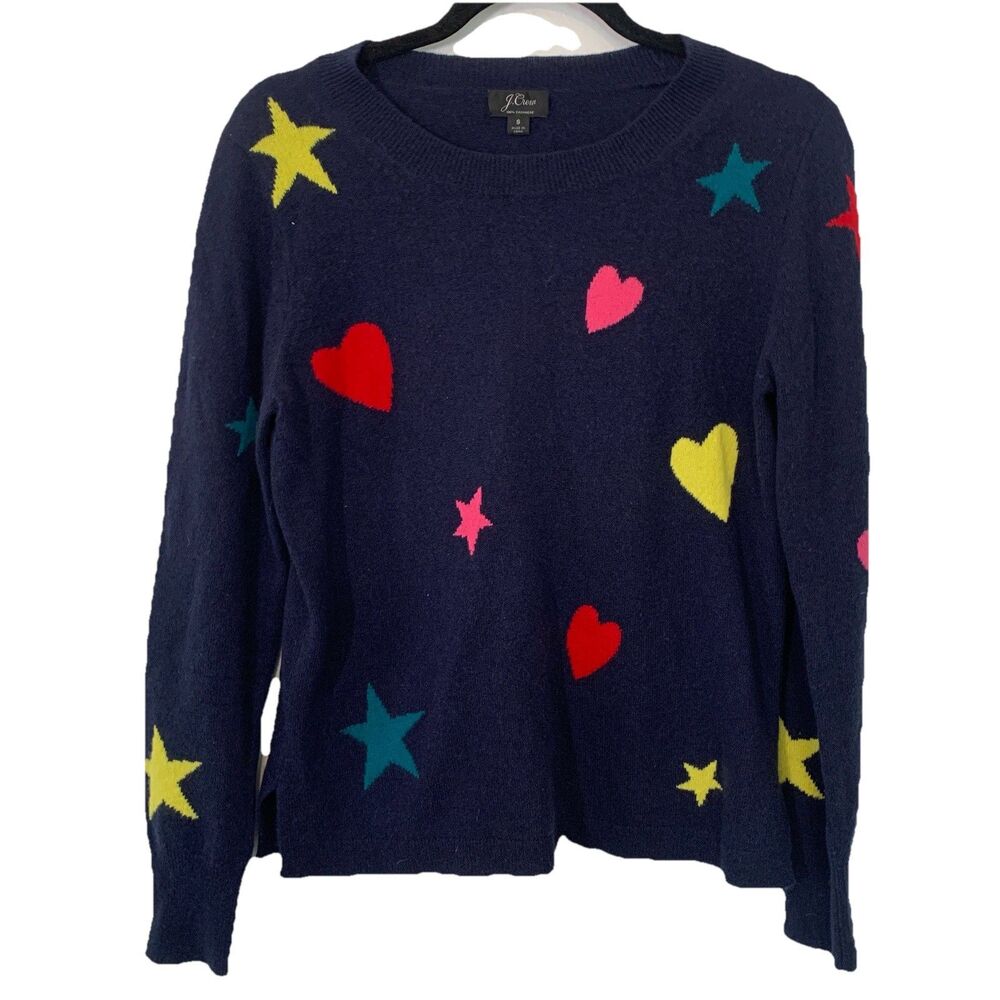 J Crew Womens Small Sweater 100% Cashmere Colorful Star Heart Navy FLAW